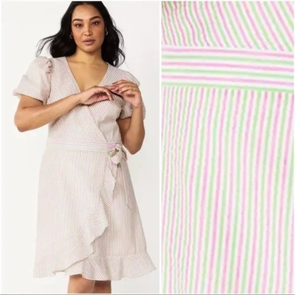 NWT Draper James RSVP Pink Green Striped Seersucker Puff Sleeve Wrap Dress, Sz S - Picture 1 of 10